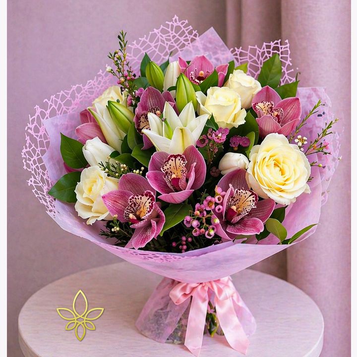 gömbcsokor orchideával és rózsával